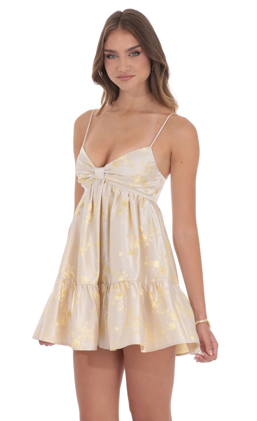 Lucy In The Sky Foiled Bow Babydoll Dress in Champagne