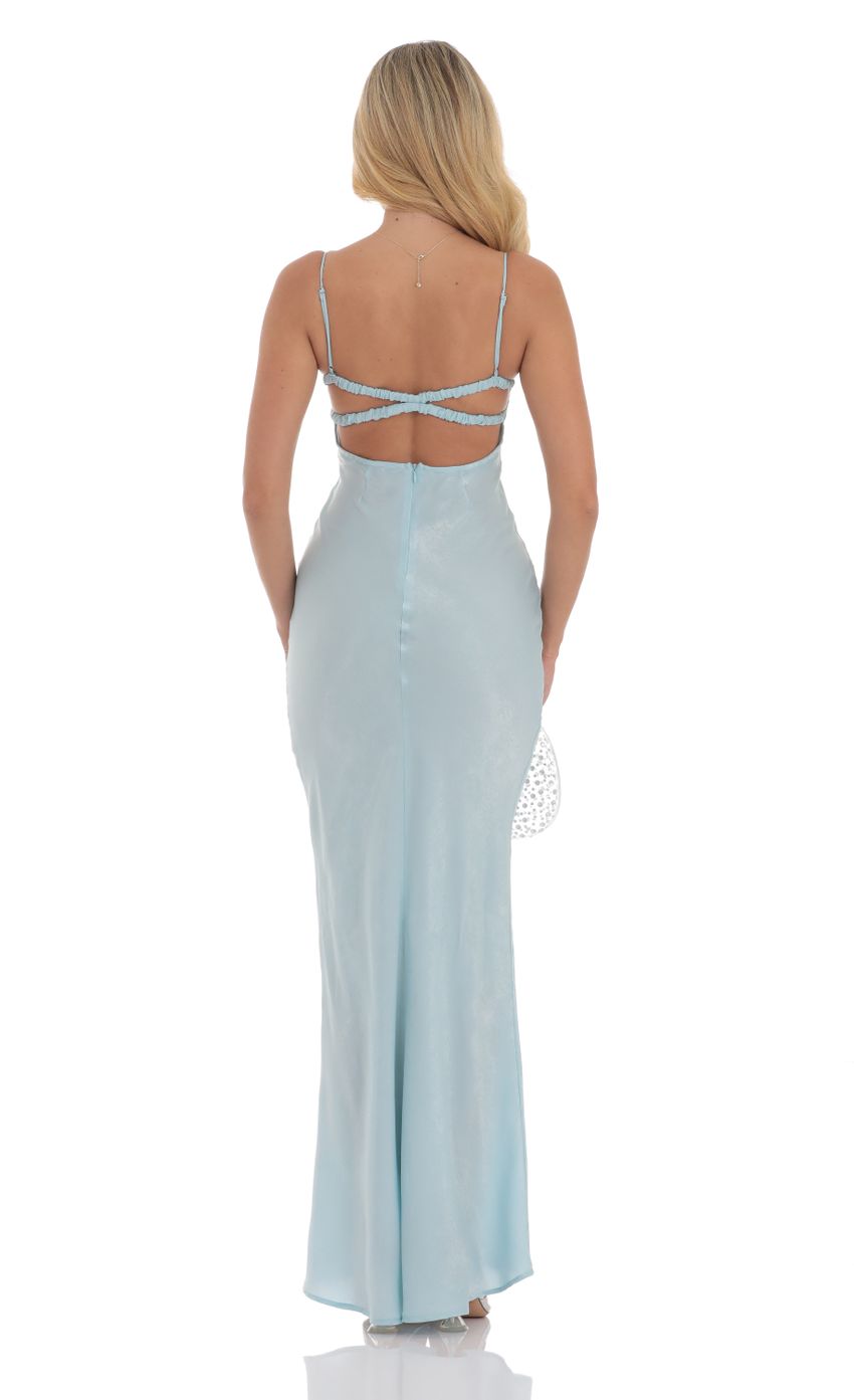 Lucy in the Sky Satin Open Back Maxi Dress in Light Blue