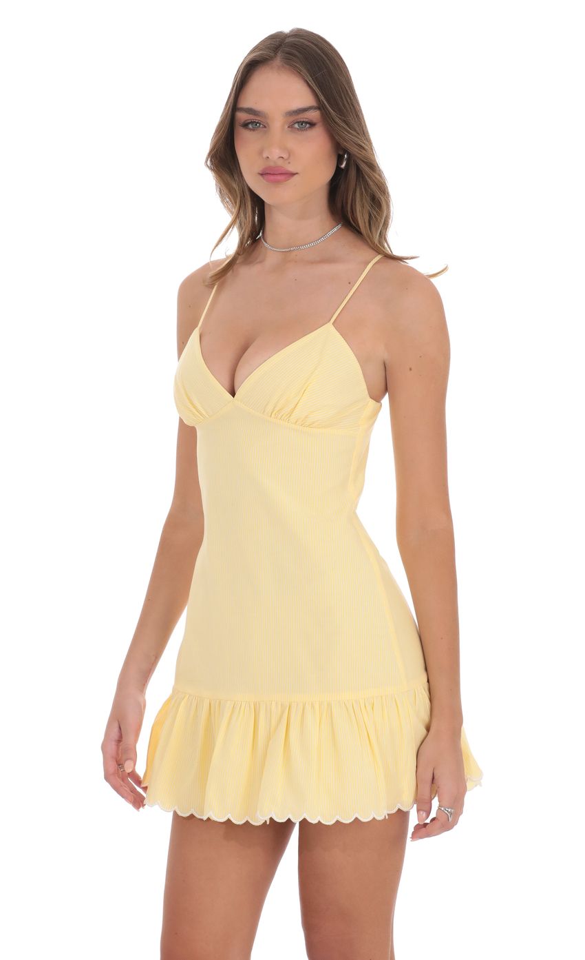 Lucy In The Sky Pinstriped Scallop Ruffle Dress in Yellow