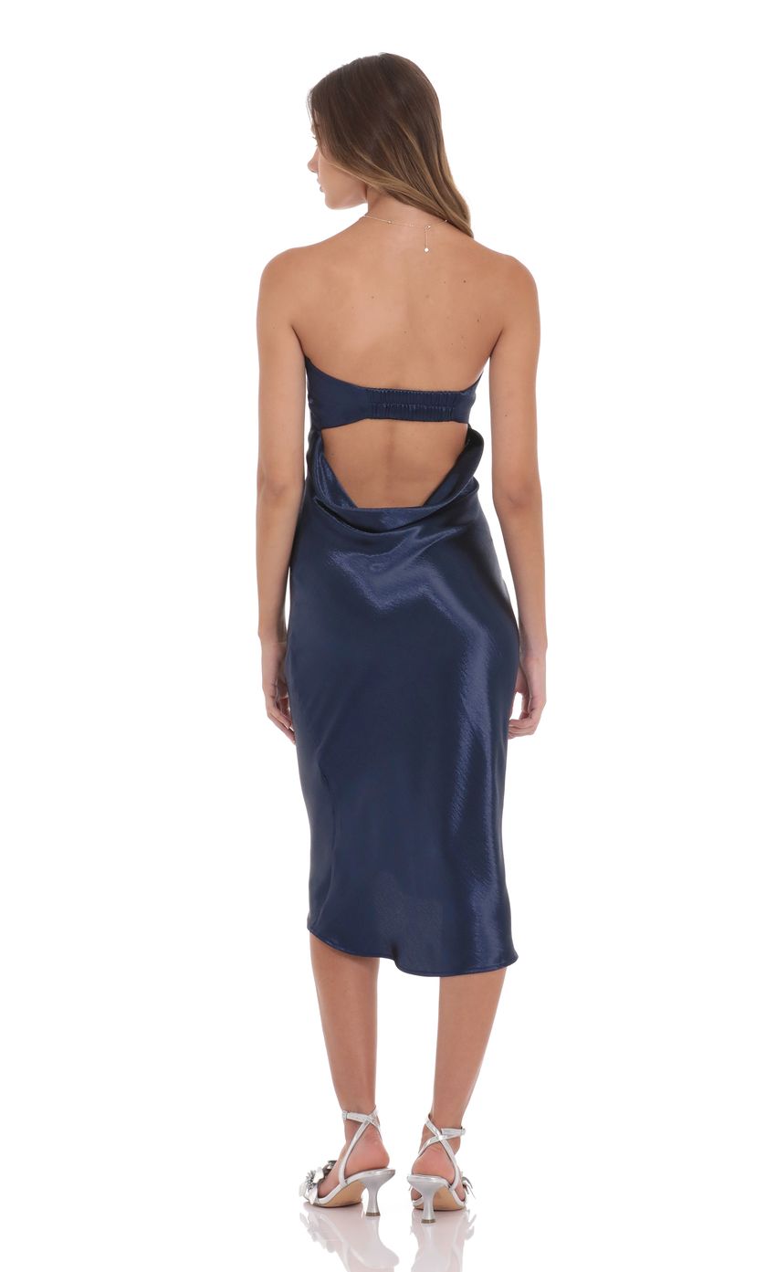 Lucy In The Sky Strapless Satin Open Back Midi Dress in Navy
