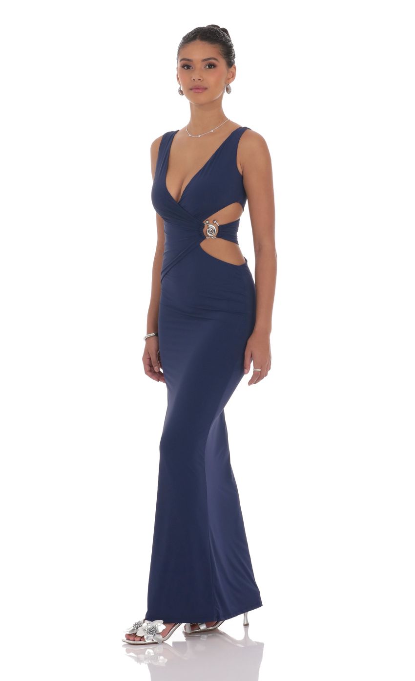 Lucy In The Sky V-Neck Conch Cutout Maxi Dress in Navy