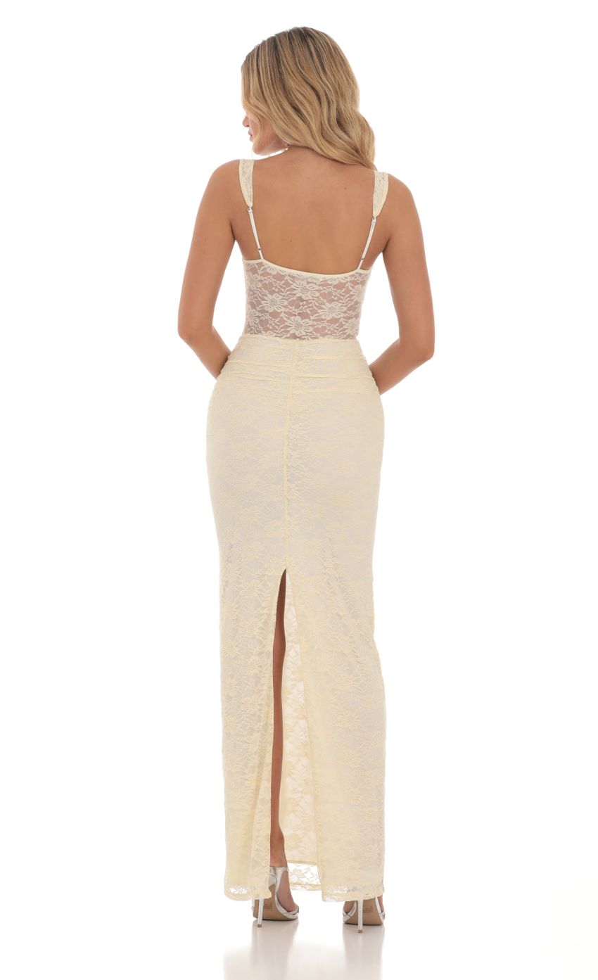 Lucy In The Sky Lace Twist Ruched Maxi Dress in Yellow