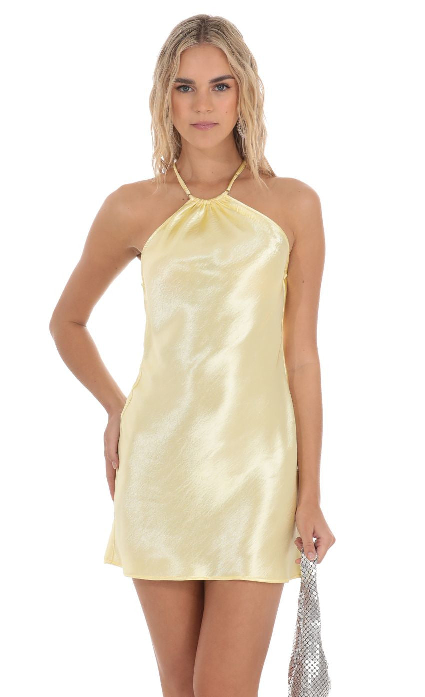 Lucy in the Sky Satin Halter Rhinestone Dress in Yellow