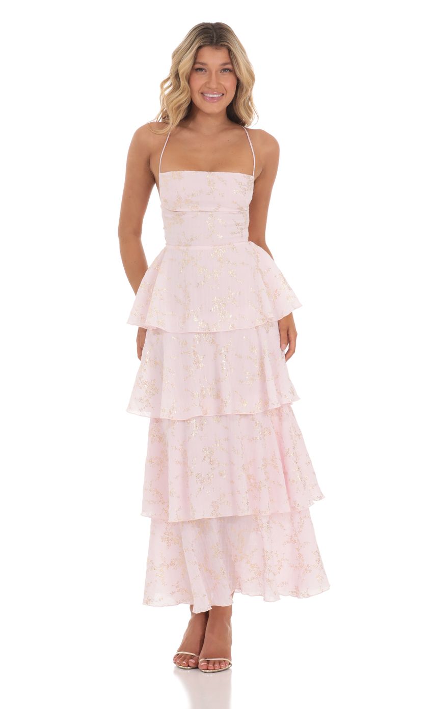 Lucy In The Sky Crinkle Foiled Floral Maxi Dress in Pink