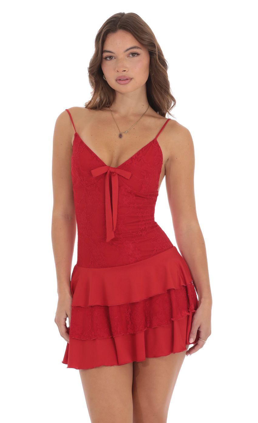 Lucy In The Sky Lace Ruffle Bow Dress in Red