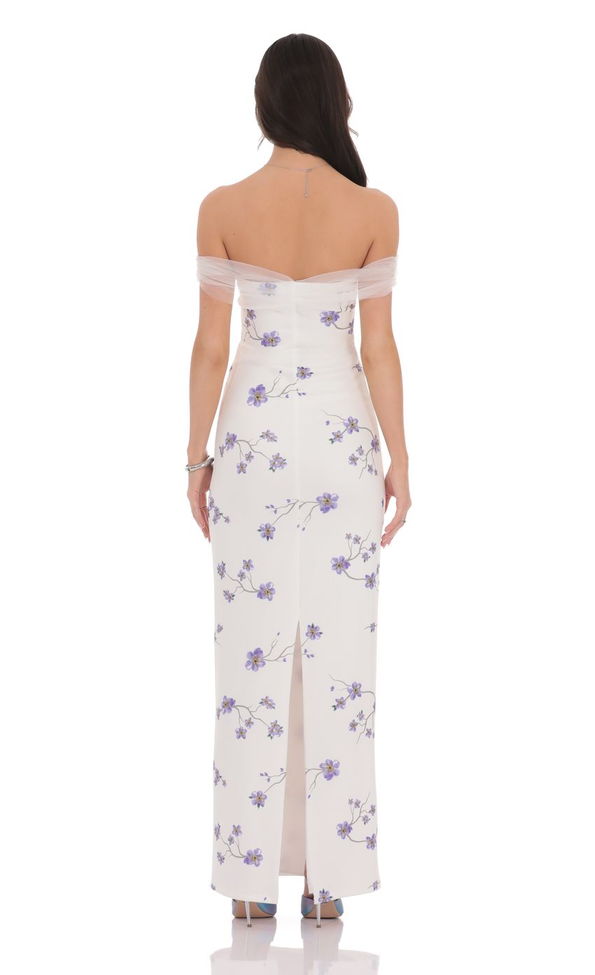 Lucy In The Sky Tulle Off Shoulder Floral Maxi Dress in White