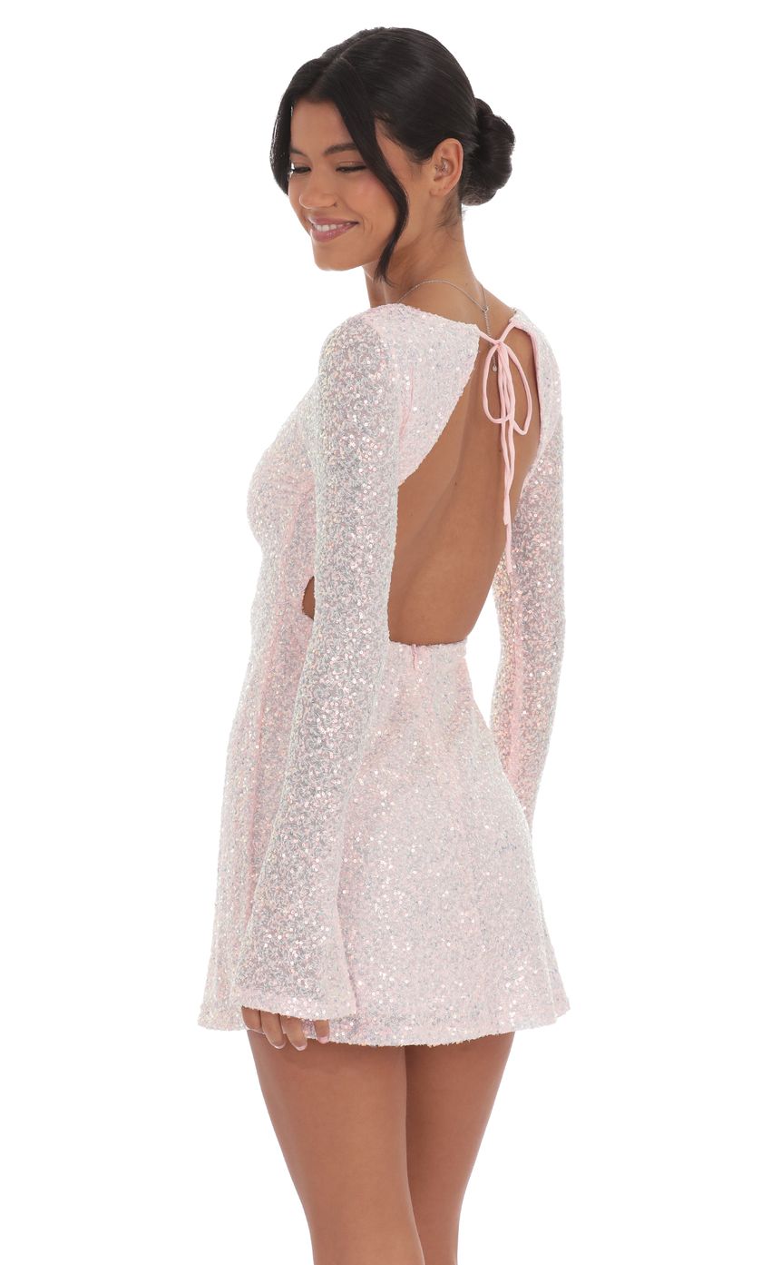 Lucy In The Sky Sequin Long Sleeve Open Back Dress in Pink