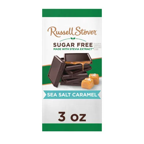 Russell Stover Chocolates Sugar Free Dark Chocolate Candy Sea Salt Caramel 3 oz. Bar, case of 12