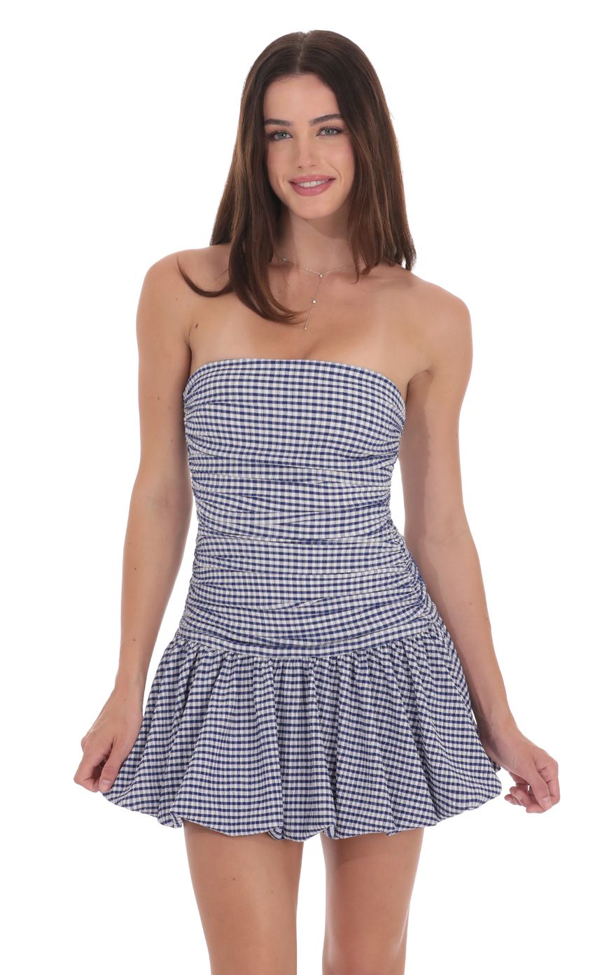 Lucy in the Sky Gingham Strapless Bubble Dress in White and Blue