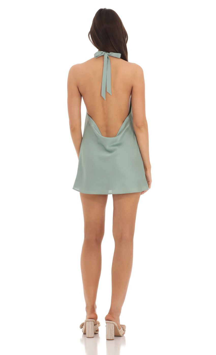 Lucy in the Sky Satin Halter Open Back Dress in Sage