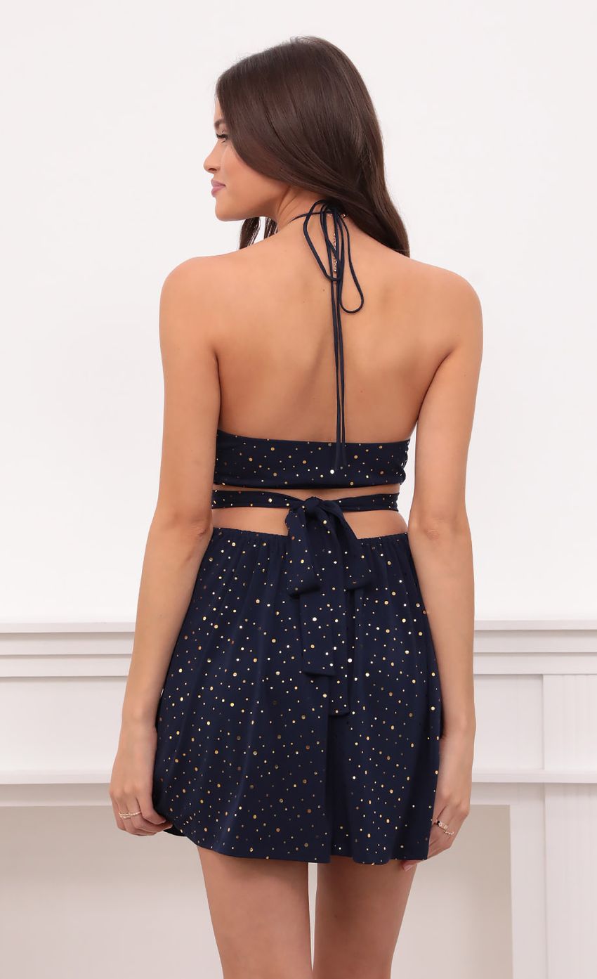 Lucy In The Sky Shimmer Halter Cutout Dress in Navy