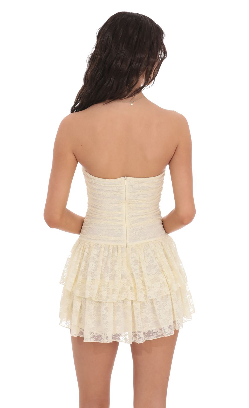 Lucy In The Sky Lace Strapless Ruched Ruffle Dress in Cream