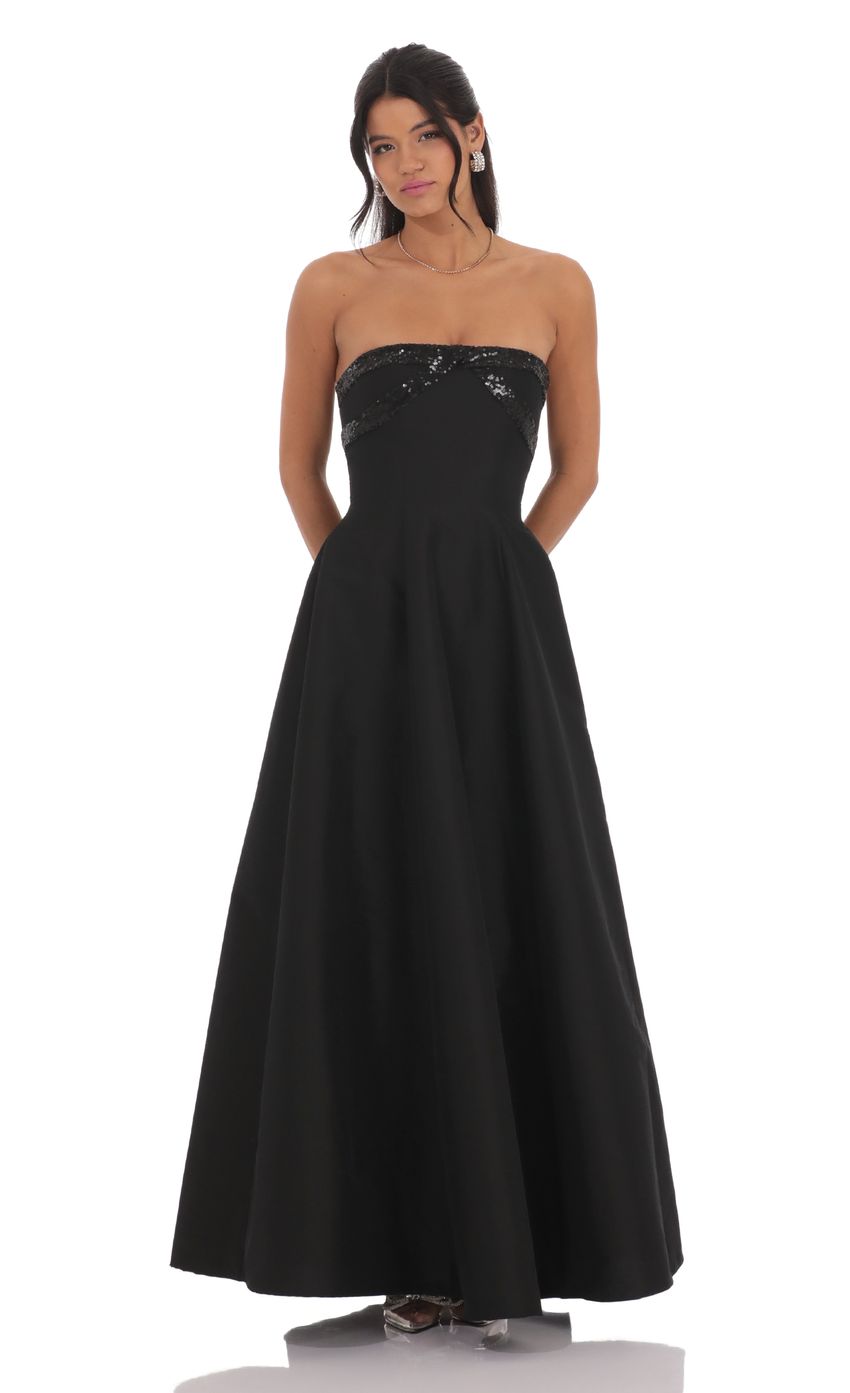 Lucy In The Sky Sequin Draped Strapless Gown in Black