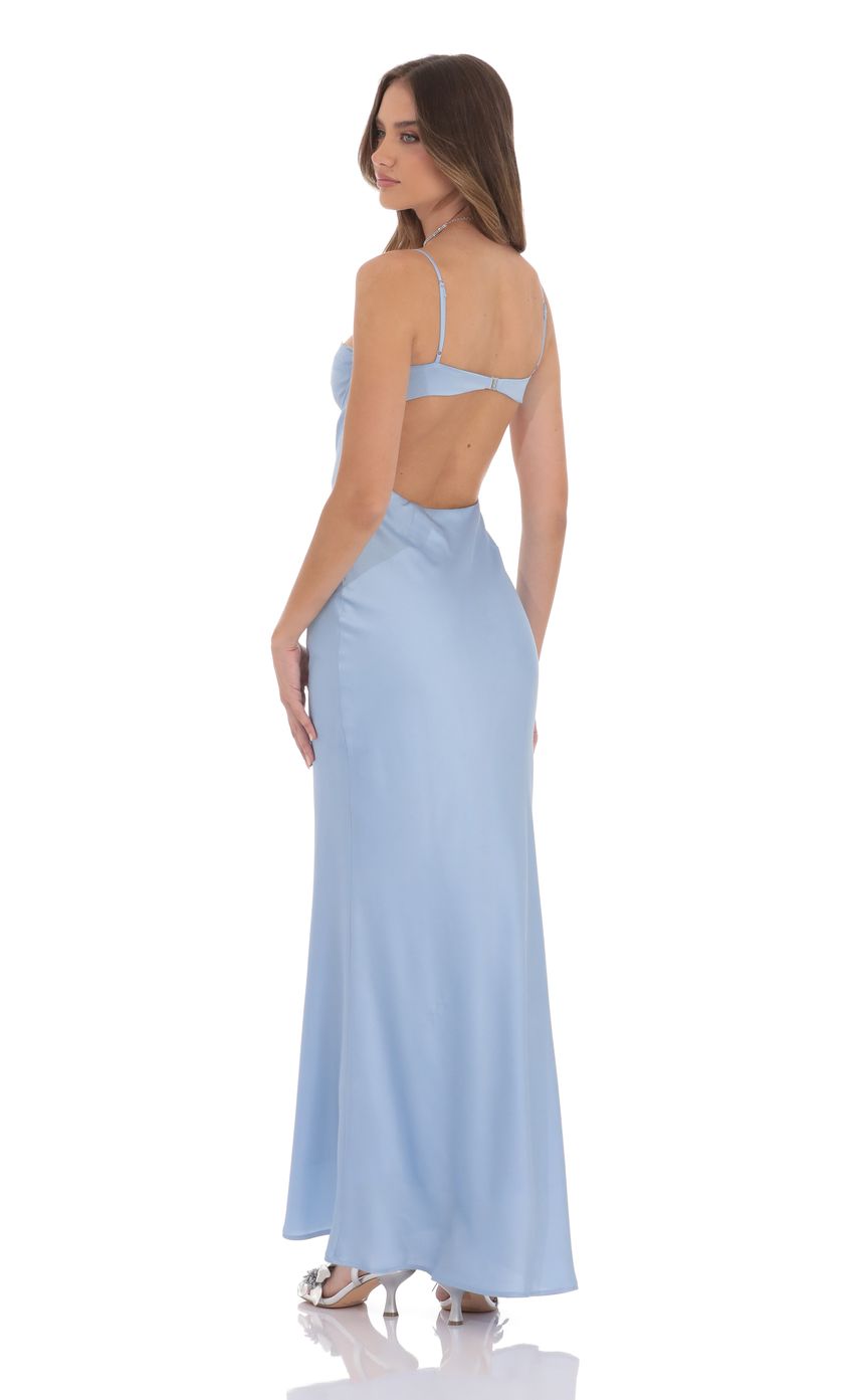 Lucy In The Sky Open Back Satin Maxi Dress in Light Blue