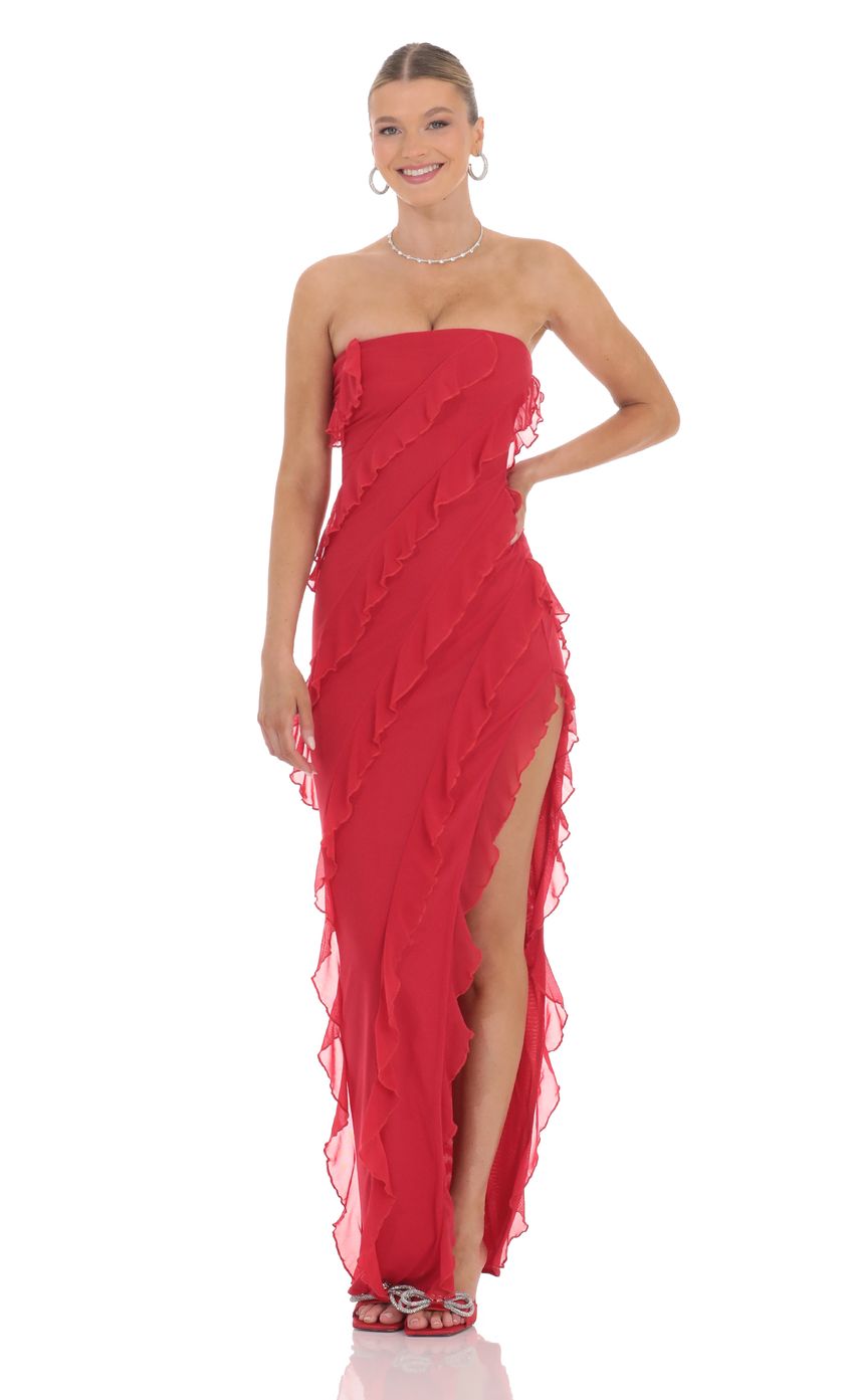 Lucy In The Sky Mesh Ruffle Strapless Maxi Dress in Red