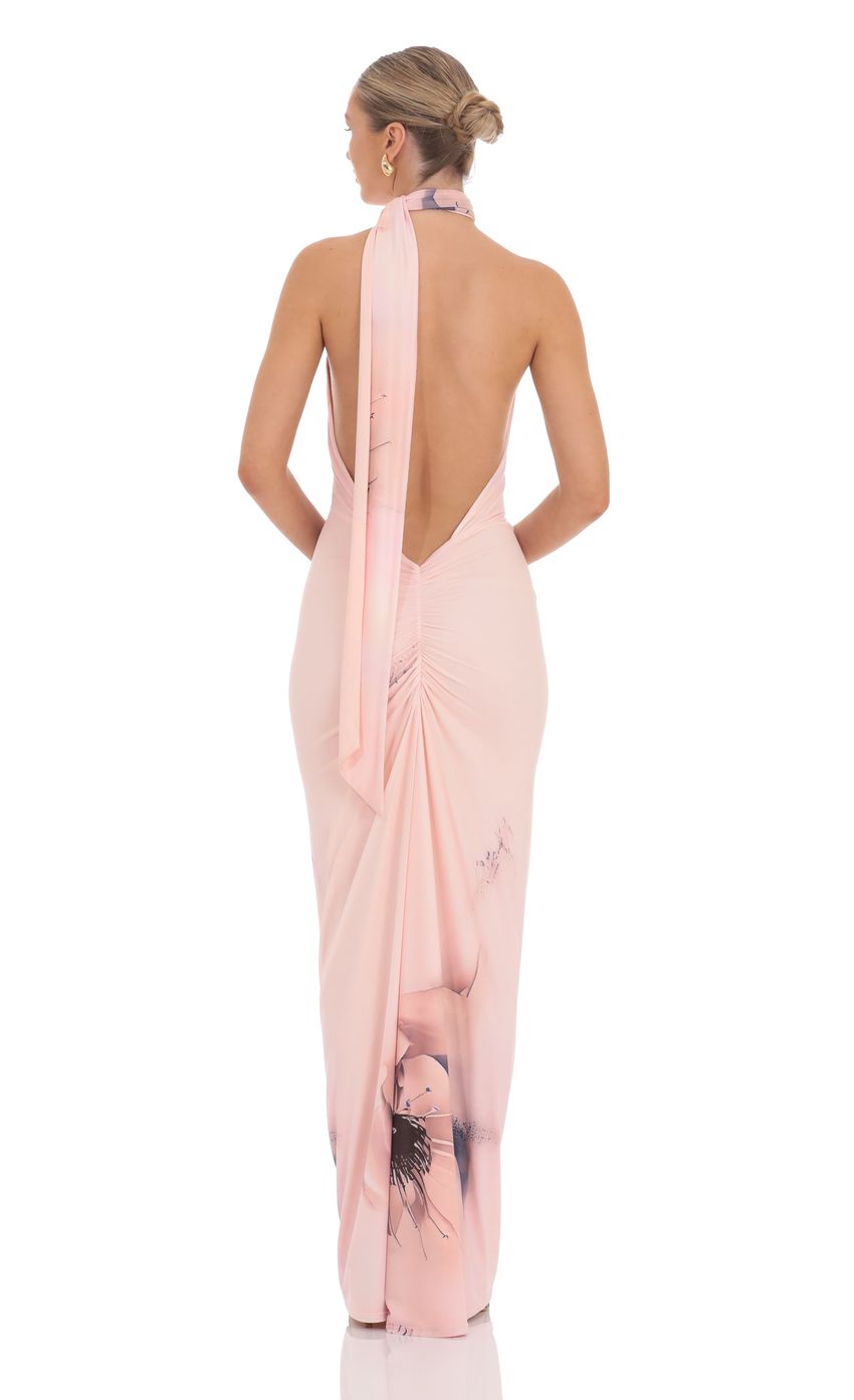 Lucy in the Sky Mesh Floral Scarf Strap Maxi Dress in Pink