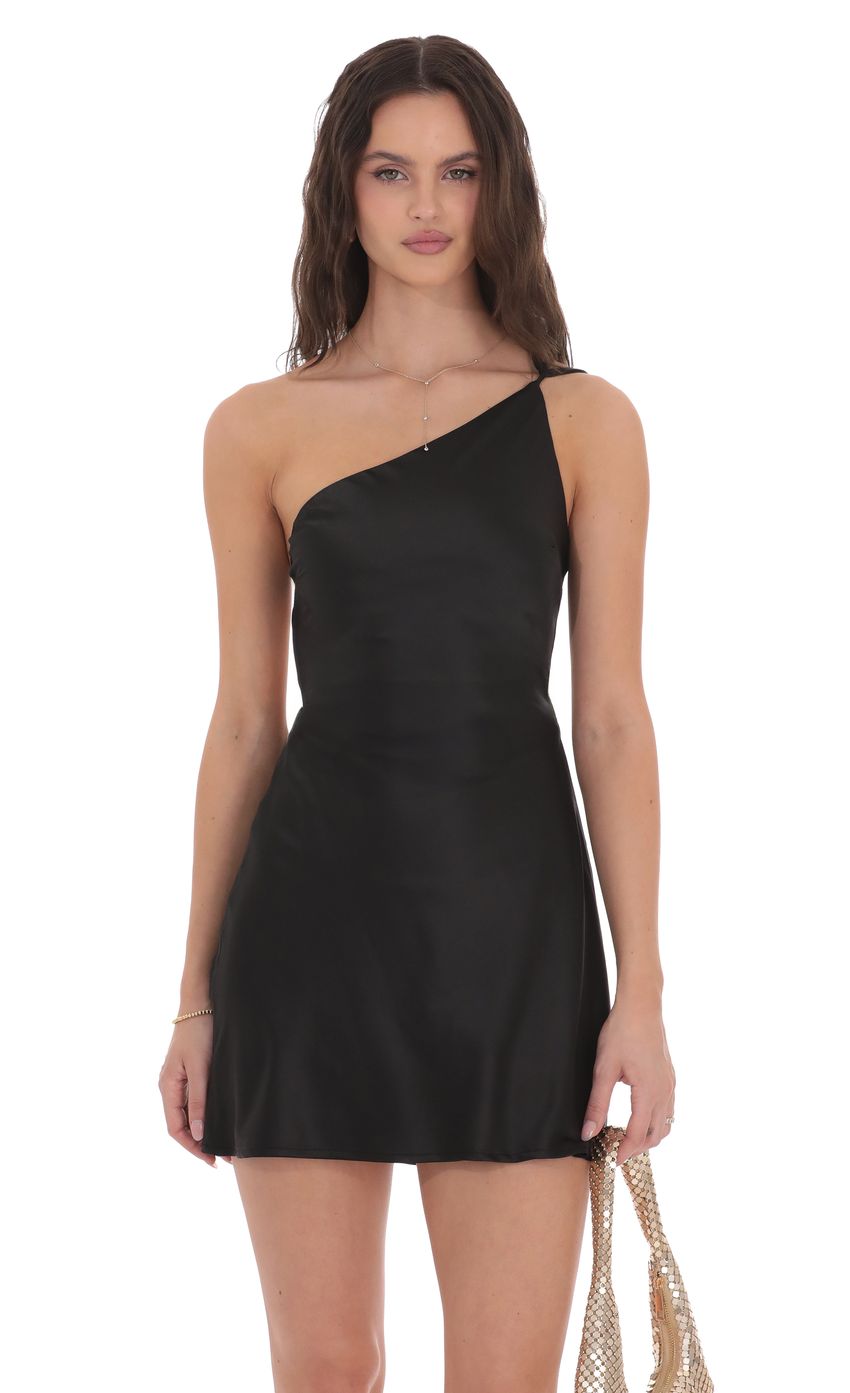 Lucy In The Sky Satin One Shoulder Open Back Dress in Black