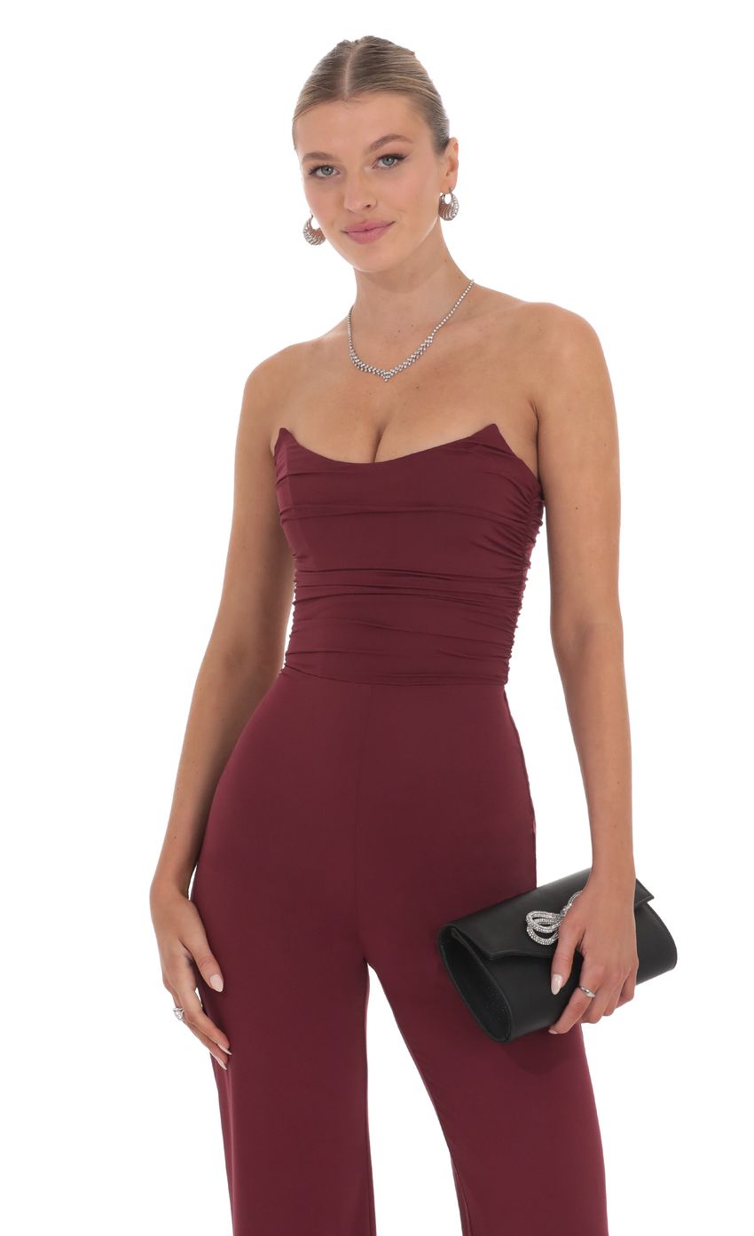 Lucy In The Sky Strapless Pointed Corset Jumpsuit in Burgundy
