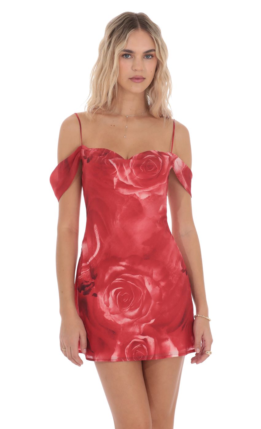 Lucy In The Sky Rose Off Shoulder Dress in Red