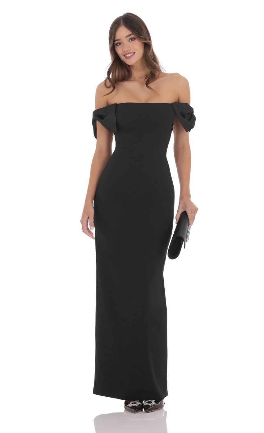 Lucy In The Sky Off Shoulder Bow Sleeve Maxi Dress in Black