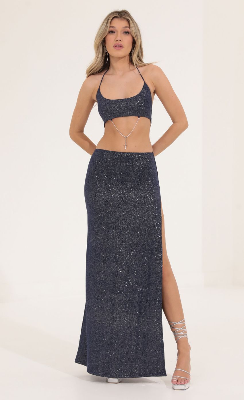 Lucy In The Sky Glitter Tummy Cutout Maxi Dress in Navy