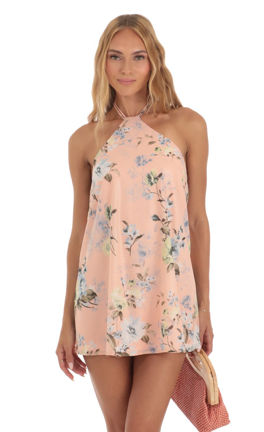 Lucy In The Sky Foiled Floral Halter Shift Dress in Peach