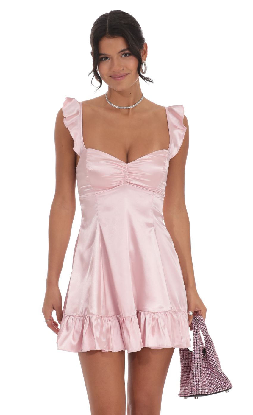 Lucy In The Sky Satin Ruffle Fit and Flare Dress in Pink