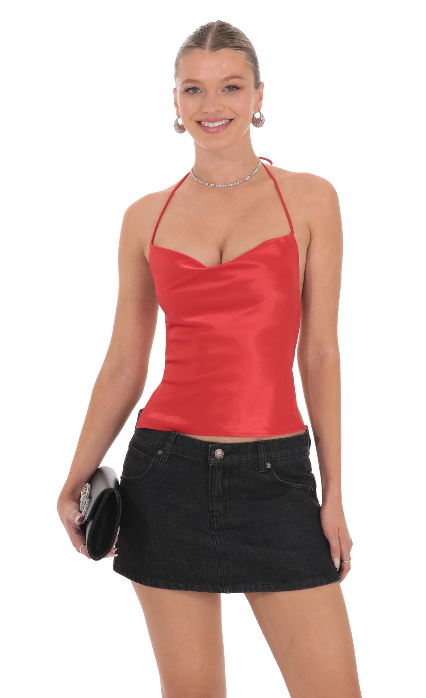 Lucy In The Sky Satin Cowl Neck Top in Red