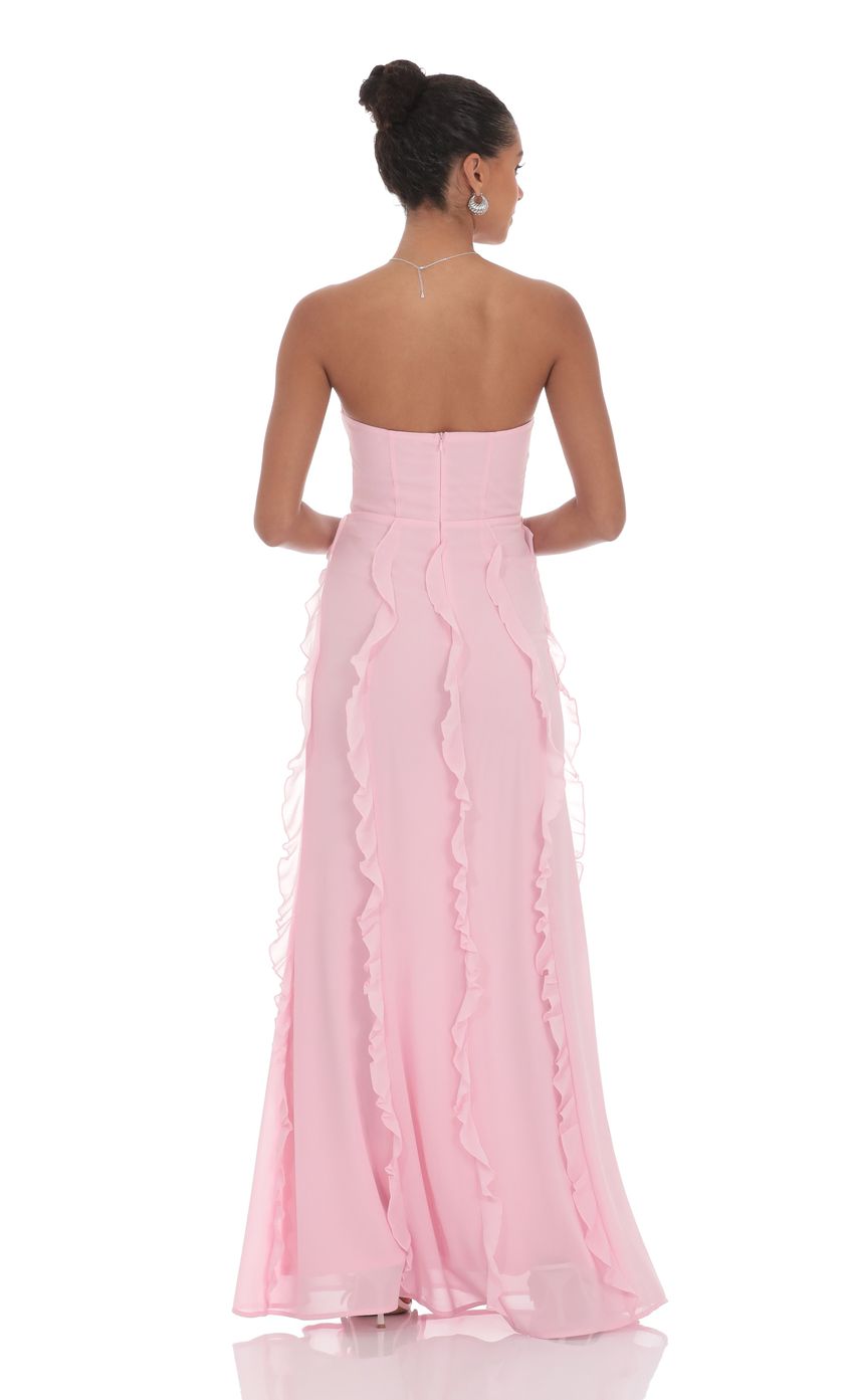 Lucy In The Sky Chiffon Rosette Ruffle Maxi Dress in Pink