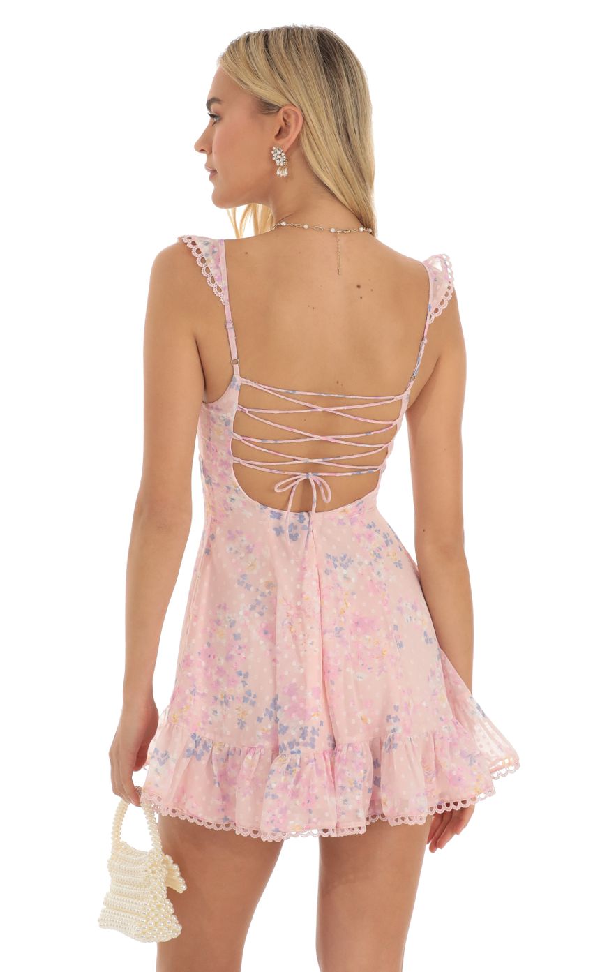 Lucy In The Sky Floral Dotted A-Line Dress in Pink