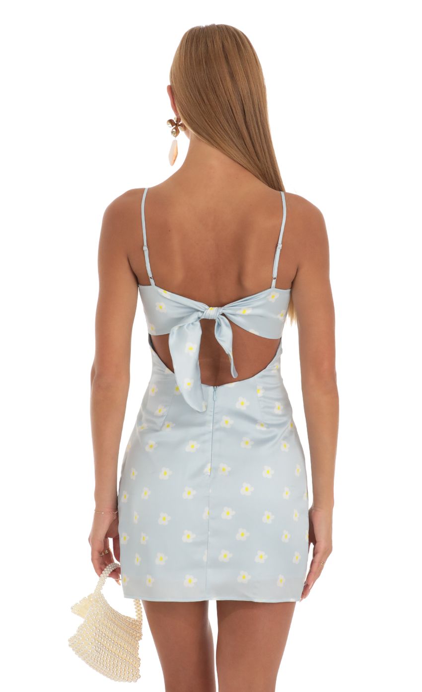 Lucy In The Sky Floral Satin Tie Back Dress in Sky Blue