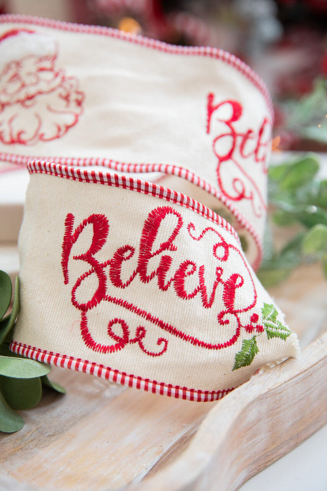 Decorator's Warehouse 4" x 5 Yard Embroidered Santa Face/Believe Ribbon
