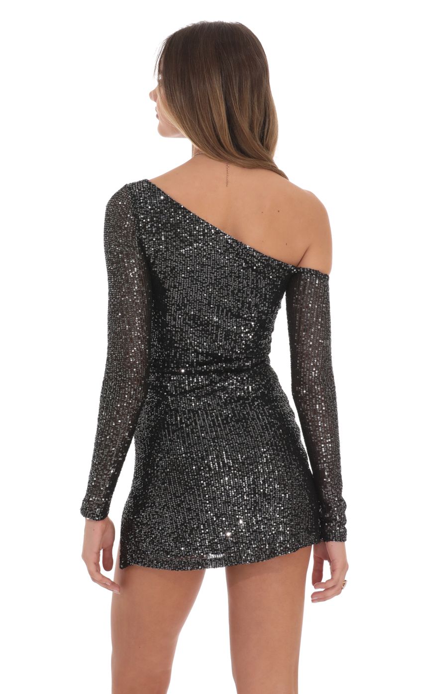 Lucy In The Sky Silver Sequin One Off Shoulder Bodycon Dress in Black