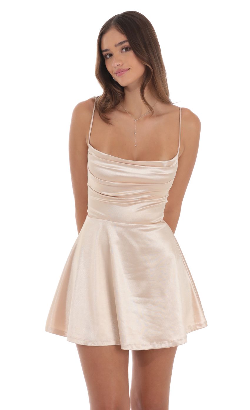 Lucy In The Sky Satin Cowl Neck Dress in Champagne
