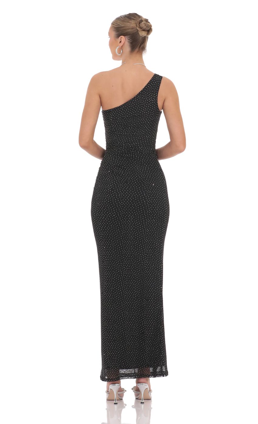 Lucy In The Sky One Shoulder Rhinestone Maxi Dress in Black