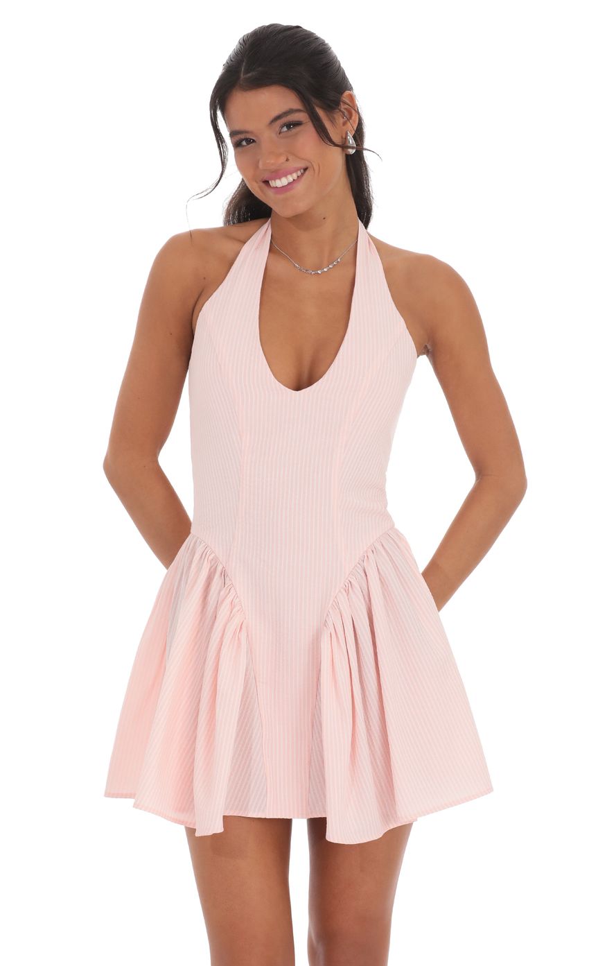 Lucy In The Sky Striped Crinkle Halter Dress in Pink