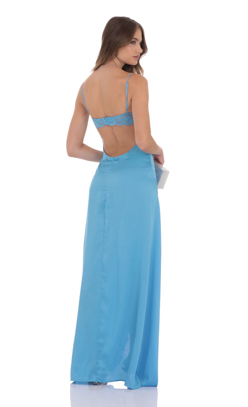 Lucy In The Sky Cowl Neck Satin Open Back Maxi Dress in Light Blue
