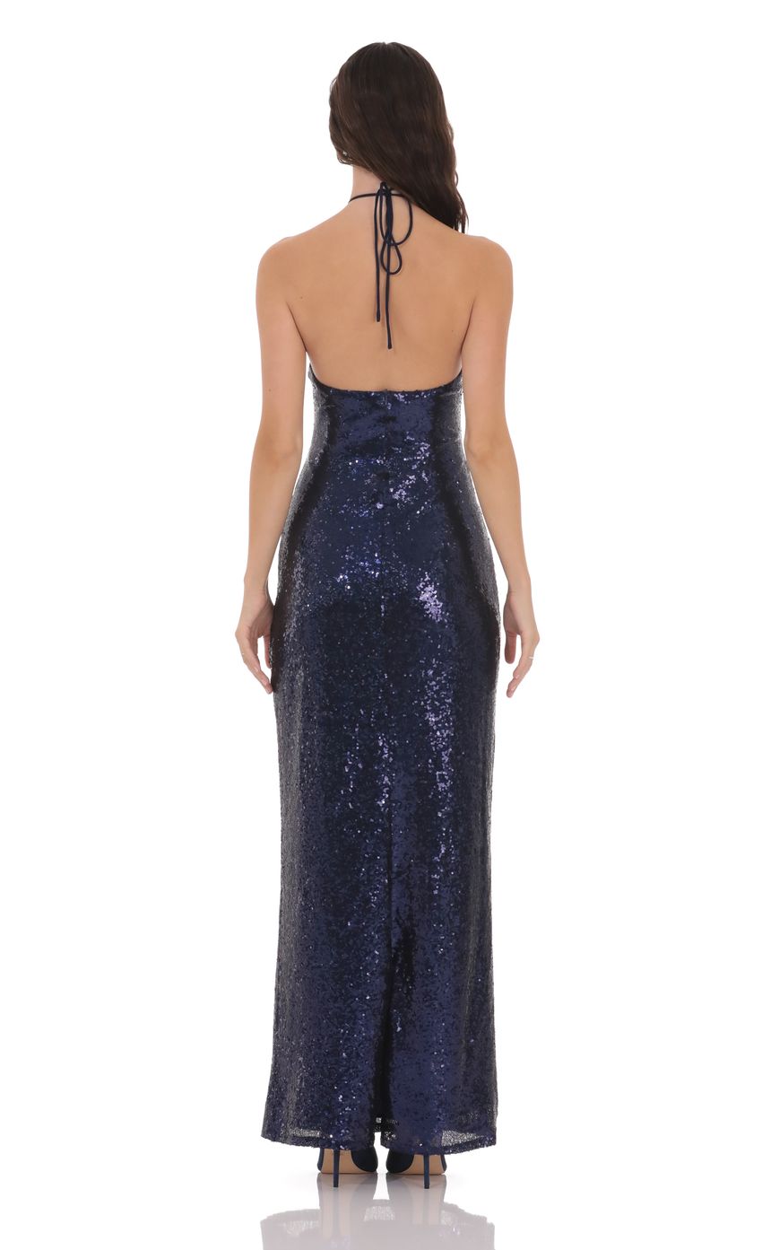 Lucy In The Sky Sequin Florette Halter Maxi Dress in Navy