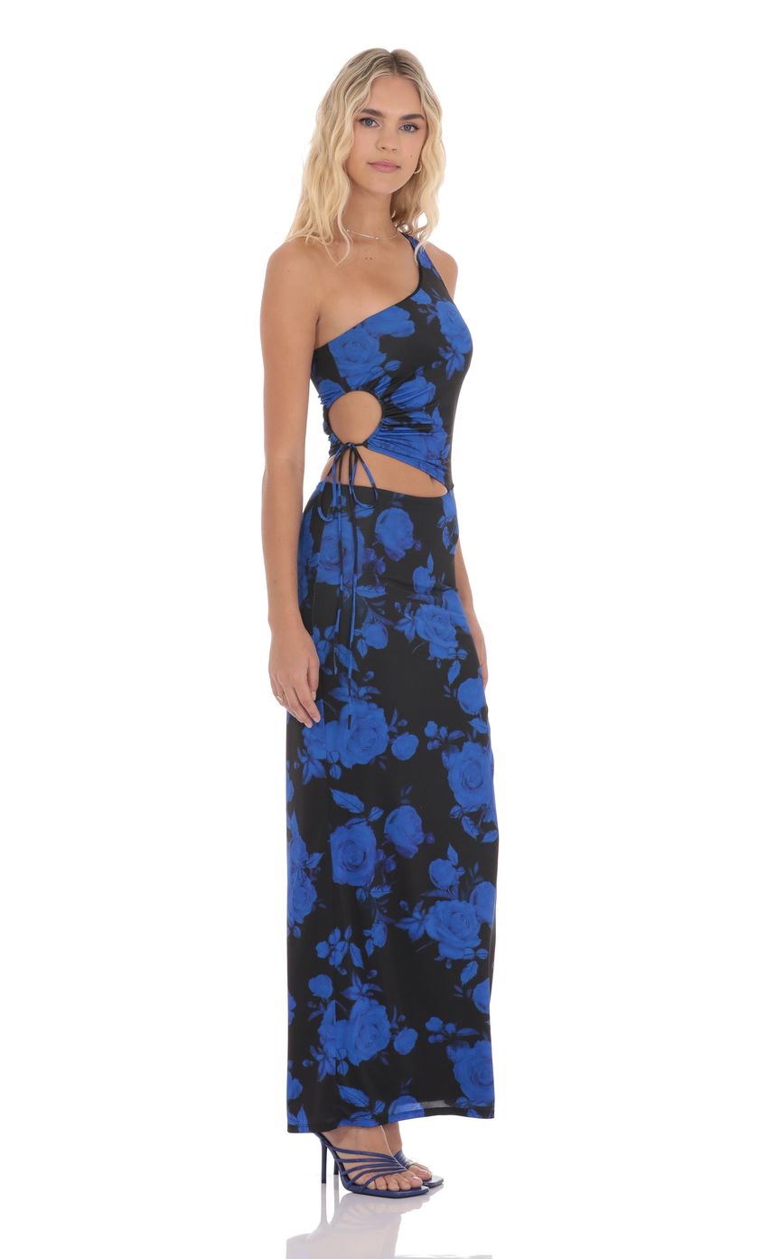 Lucy In The Sky Floral One Shoulder Cutout Maxi Dress in Black and Blue