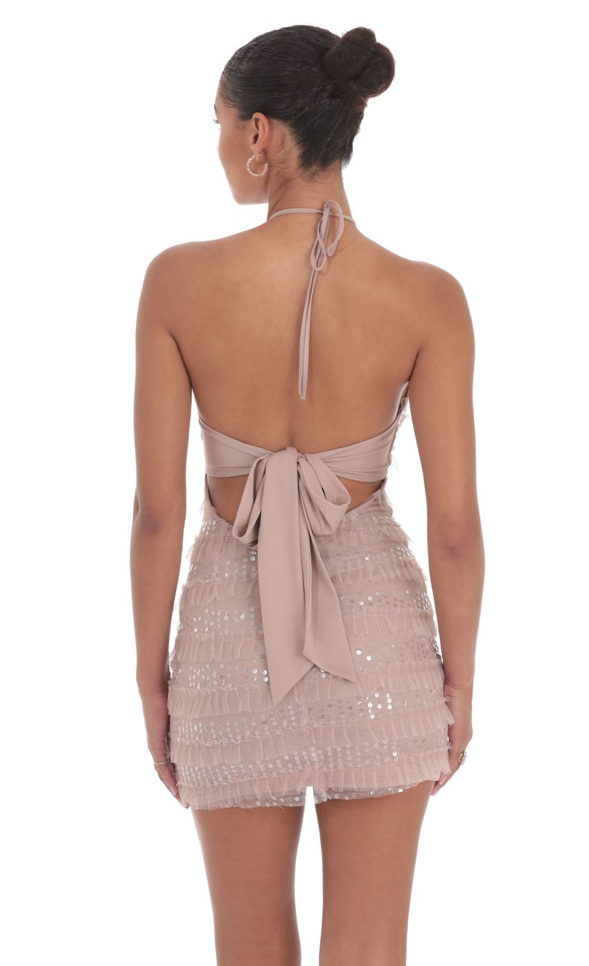 Lucy In The Sky Sequin Ruffle Halter Bodycon Dress in Mauve