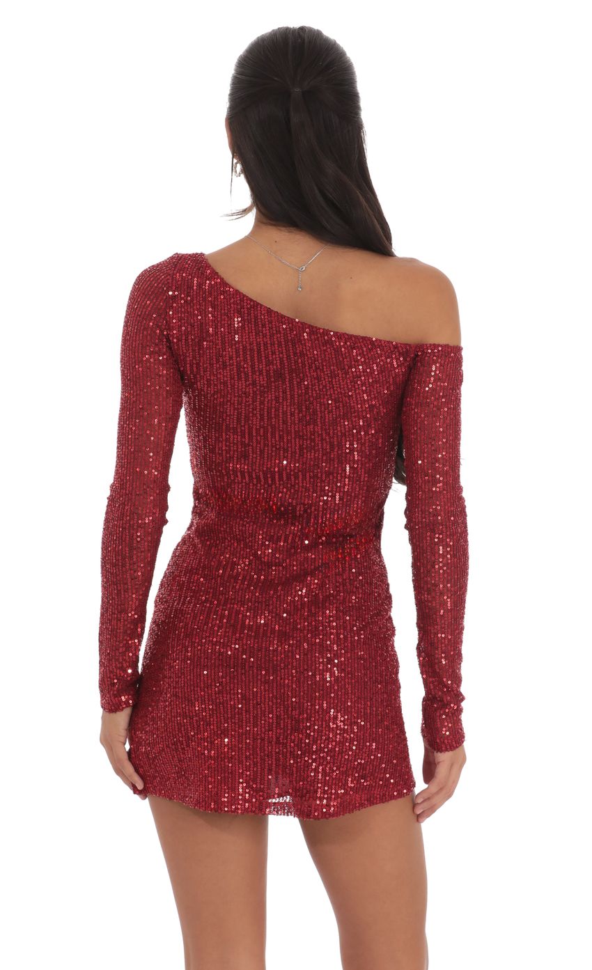Lucy In The Sky Sequin One Off Shoulder Bodycon Dress in Red