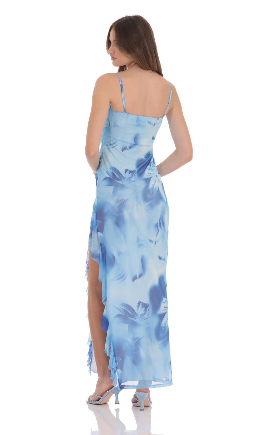 Lucy In The Sky Floral Ruffle Mesh Square Neck Maxi Dress in Blue