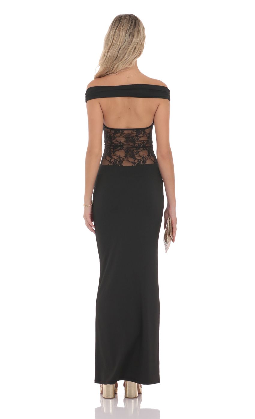 Lucy In The Sky Off Shoulder Lace Cutout Maxi Dress in Black