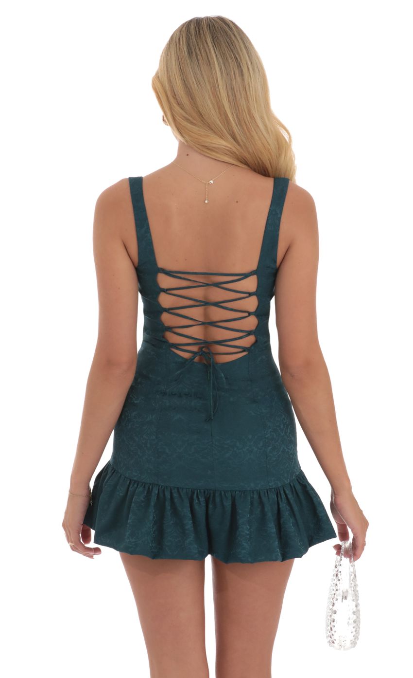 Lucy In The Sky Jacquard Bubble Ruffle Dress in Teal