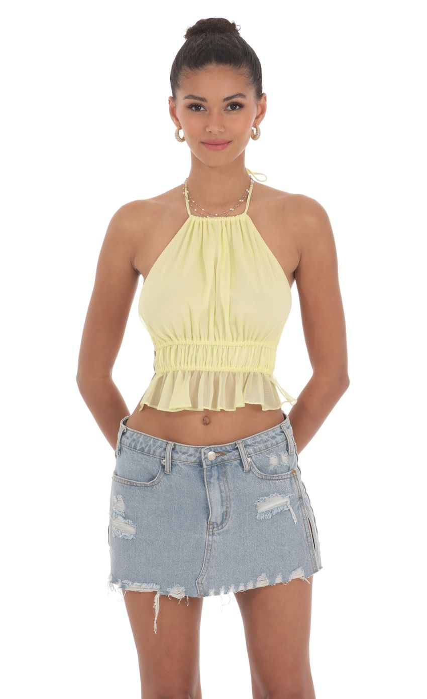 Lucy in the Sky Shimmer Halter Open Back Top in Yellow