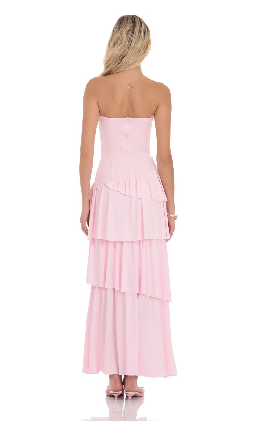 Lucy In The Sky Strapless Asymmetrical Ruffle Maxi Dress in Pink