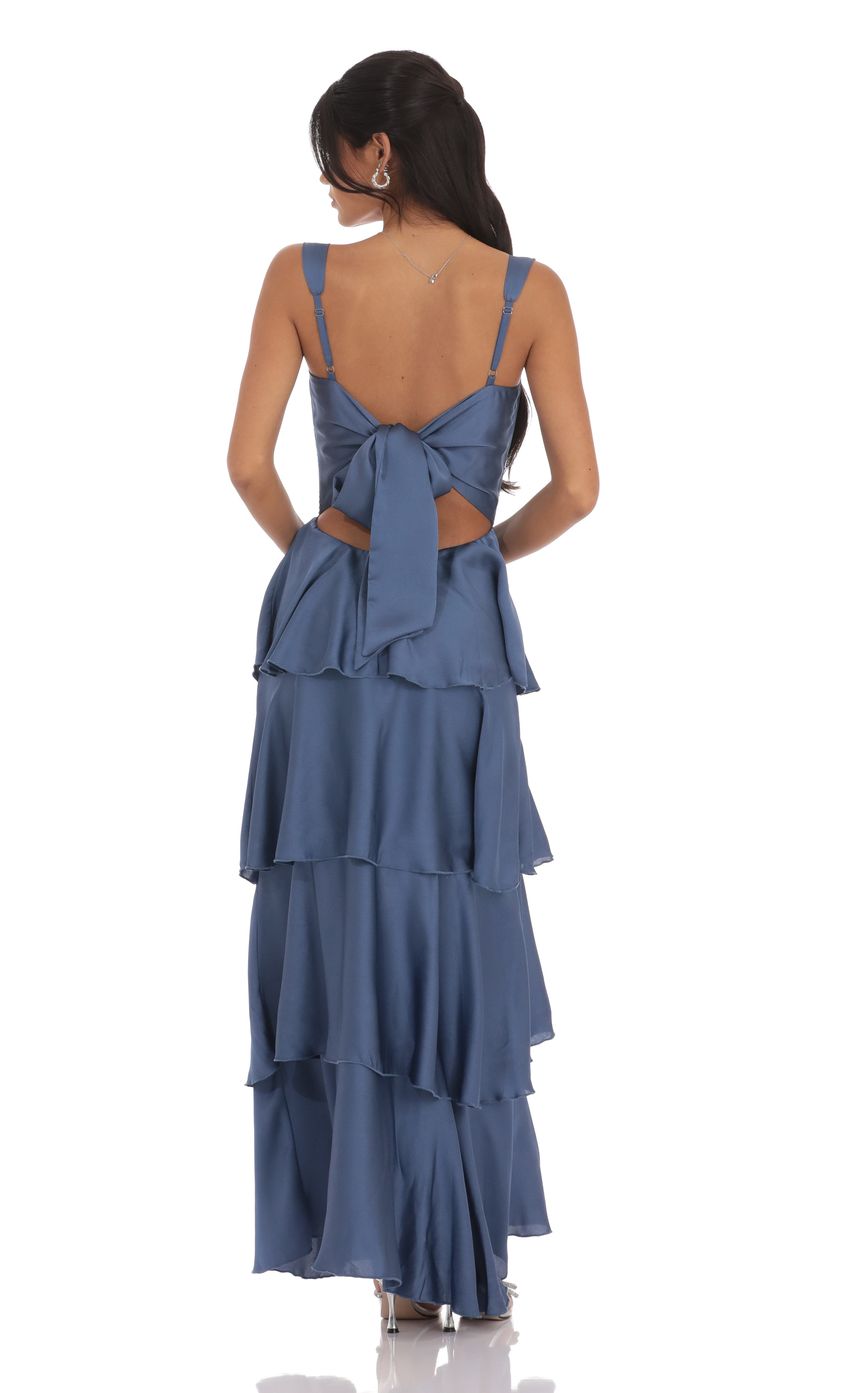 Lucy in the Sky Satin Ruffle Maxi Dress in Slate Blue