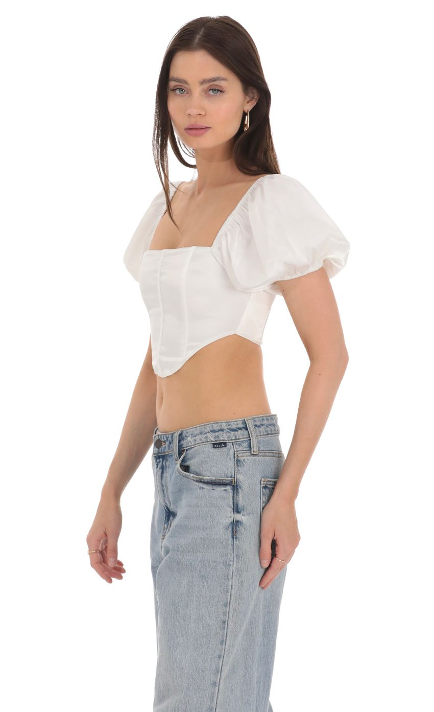 Lucy in the Sky Satin Puff Sleeve Corset Top in White