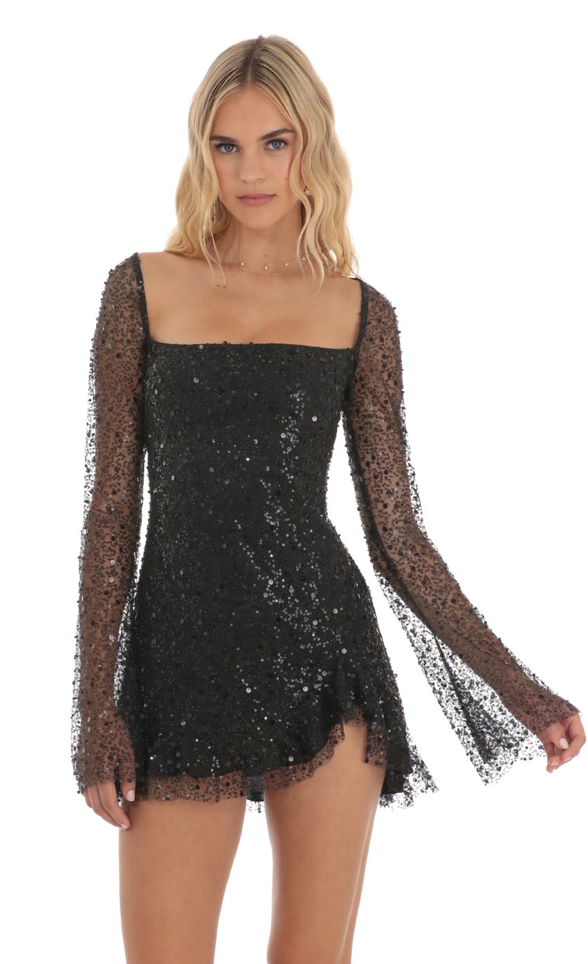 Lucy In The Sky Sequin Long Sleeve Dress in Black