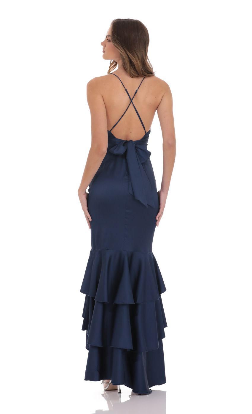 Lucy In The Sky Satin Ruffle Fishtail Maxi Dress in Navy